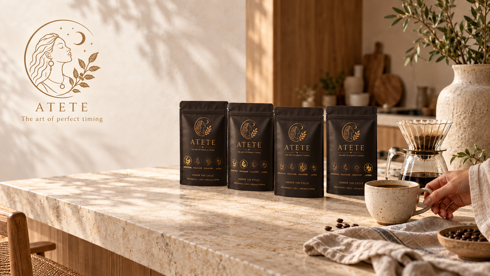 Coffee packages displayed on a countertop with a mug and decorative plants