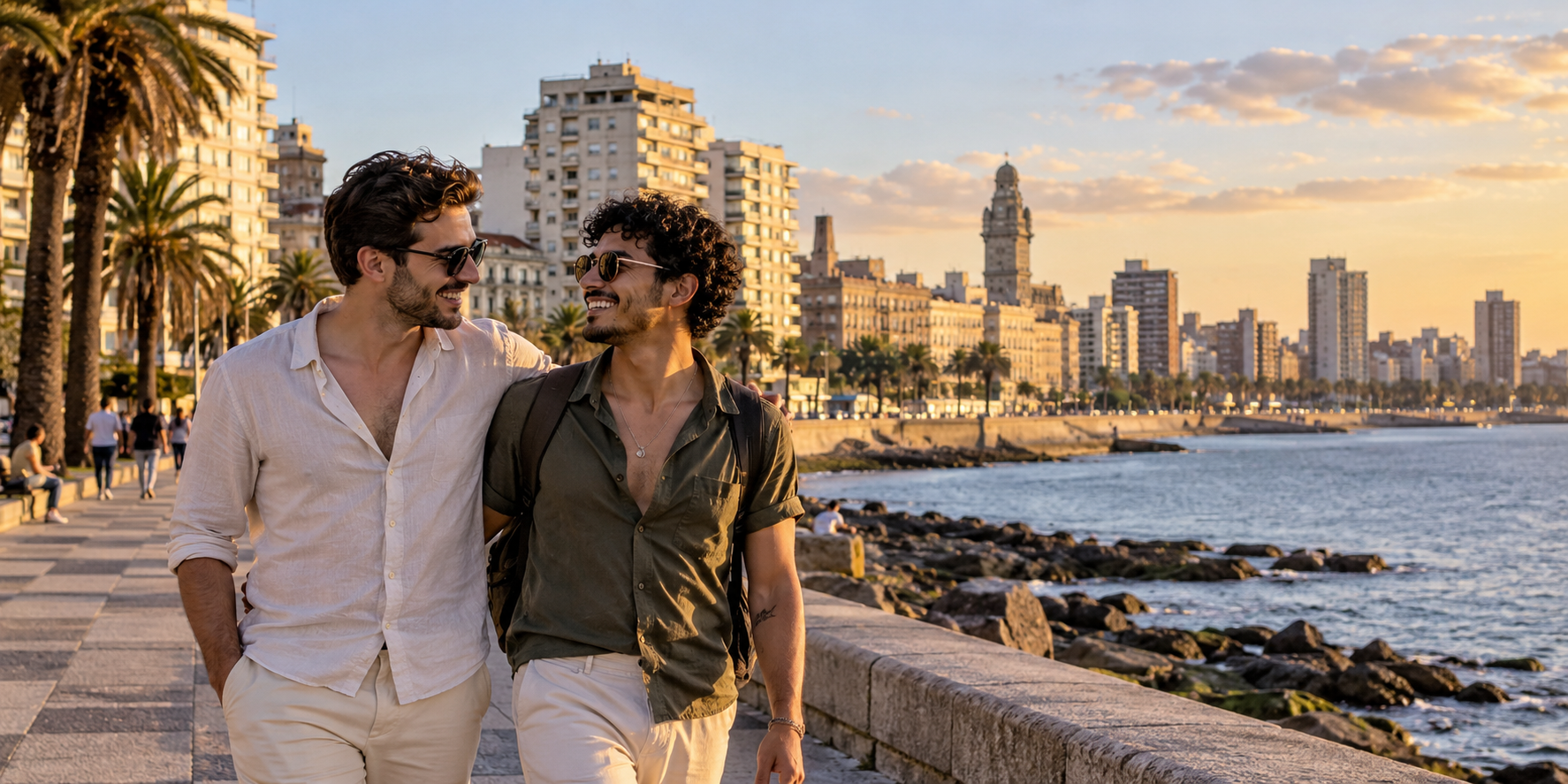 Two men walk together on a seaside promenade at sunset, smiling and enjoying the moment