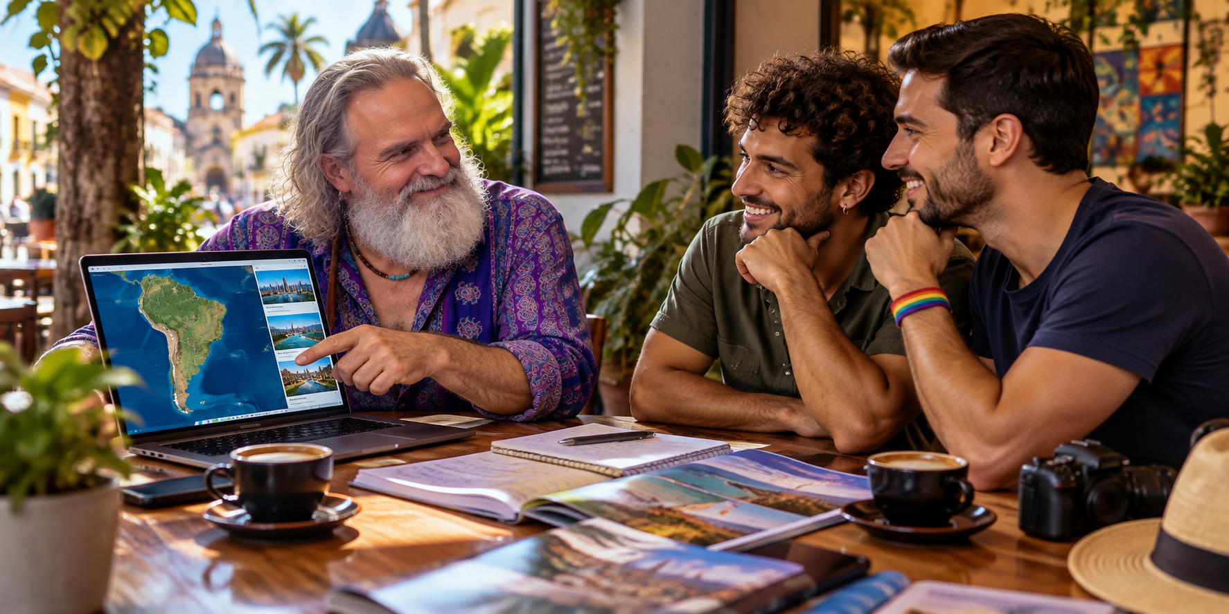 Three men discussing travel plans over coffee, with a laptop displaying a map.