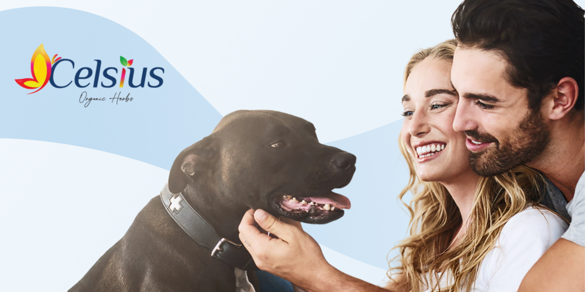 Couple smiling with a dog in a light blue background featuring the Celsius logo