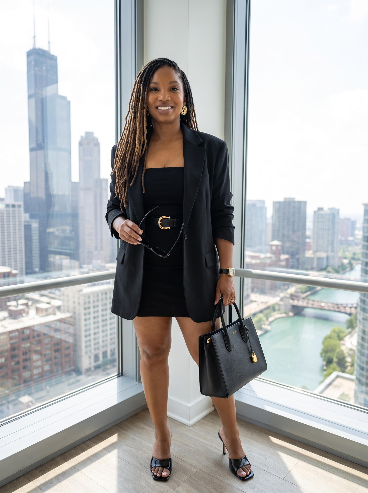 Woman in black dress and blazer holding a handbag, standing by a large window