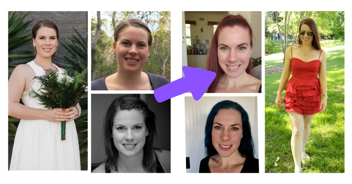 Collage of six women showing various hairstyles, outfits, and expressions in different settings