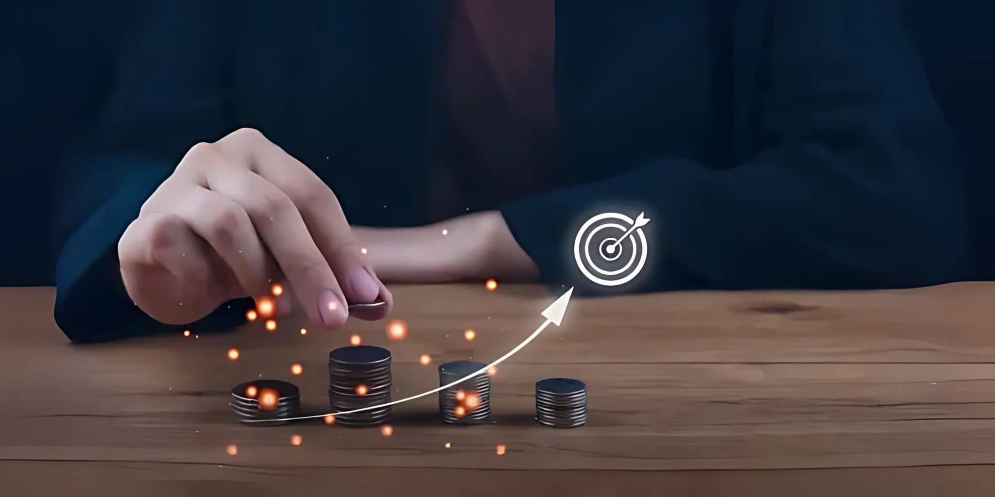 A hand stacking coins with an upward arrow and target icon in the background