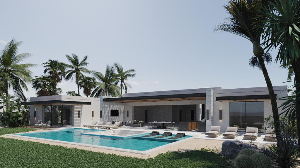 Modern house exterior with a swimming pool, palm trees, and outdoor lounging area