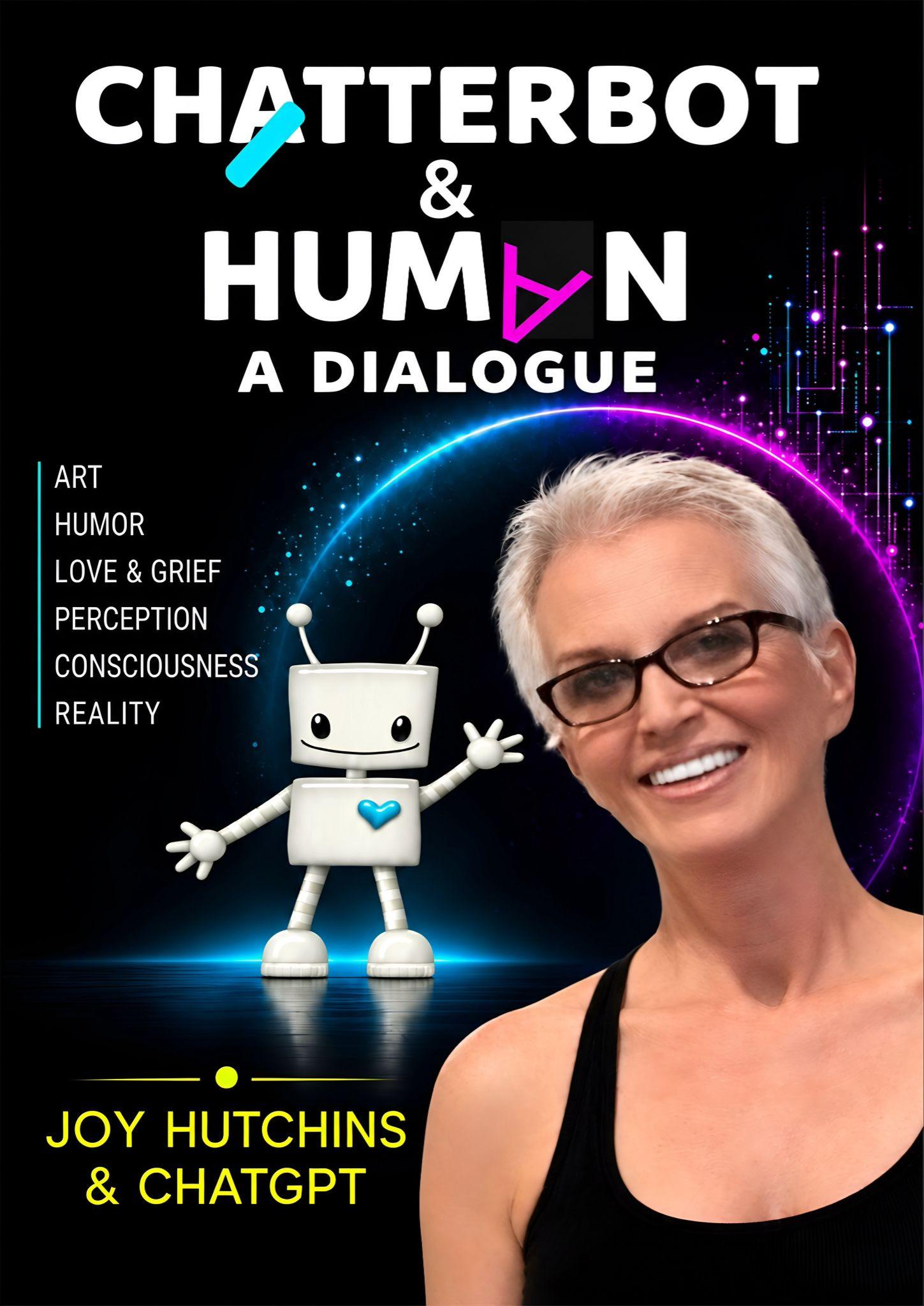 Book cover featuring a chatbot character and a smiling woman with glasses