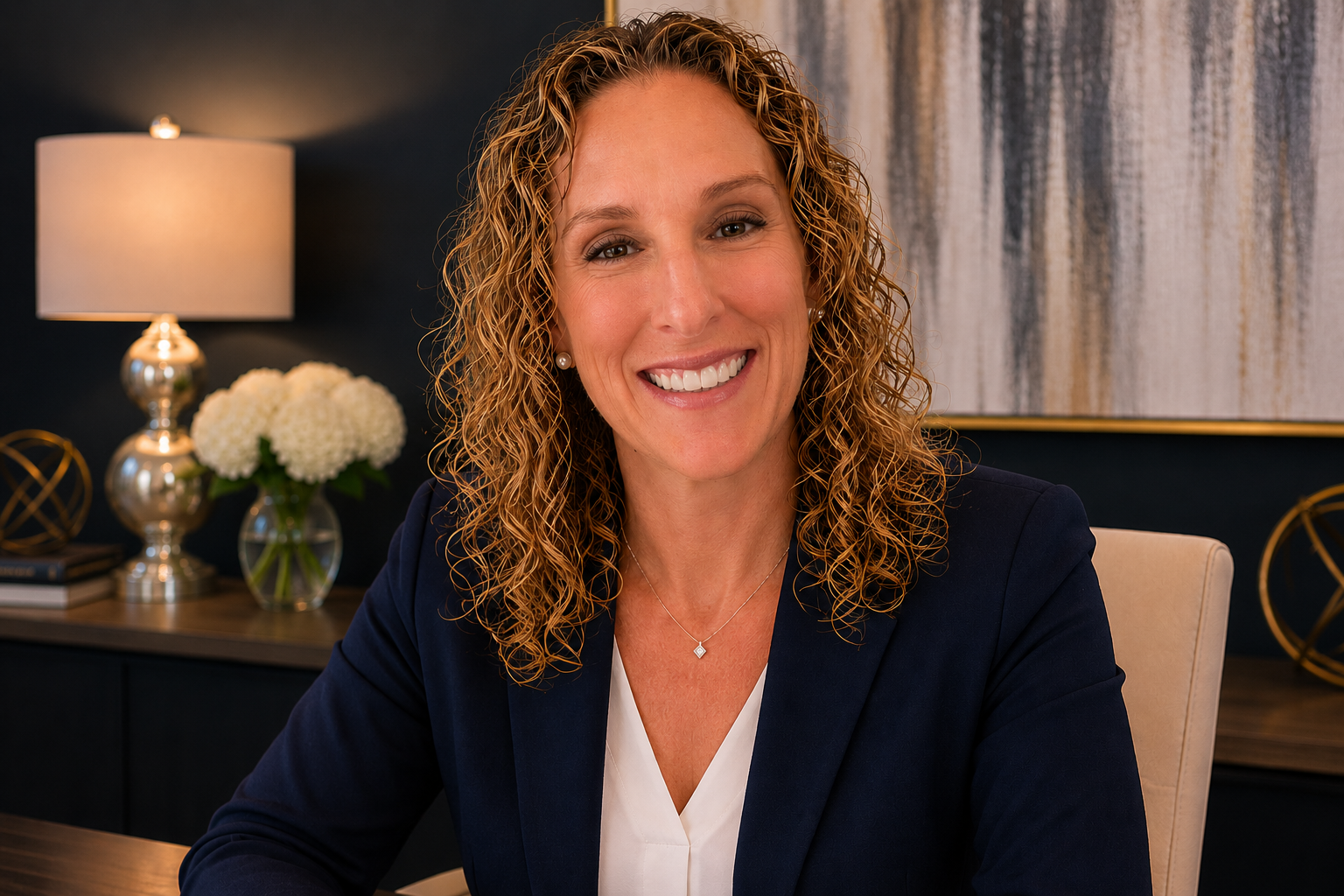 A smiling woman with curly hair in a professional setting, wearing a navy blazer