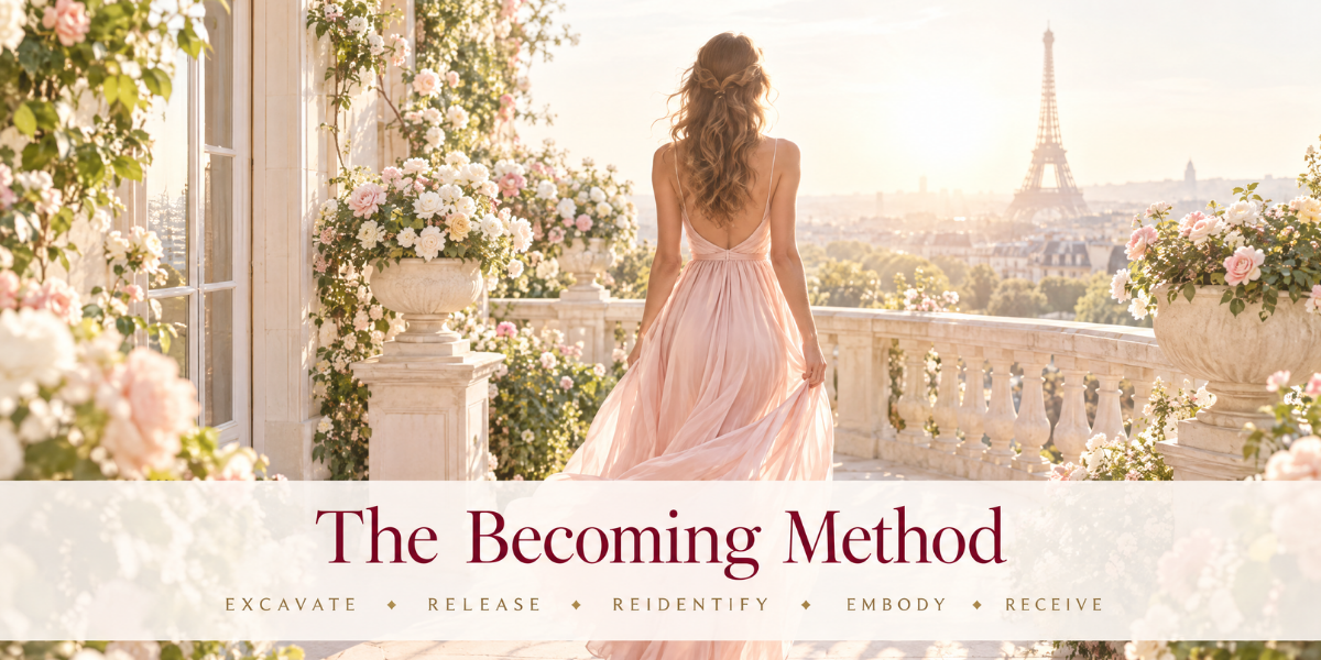 A woman in a flowing pink dress stands on a balcony with flowers and a view of the Eiffel Tower.