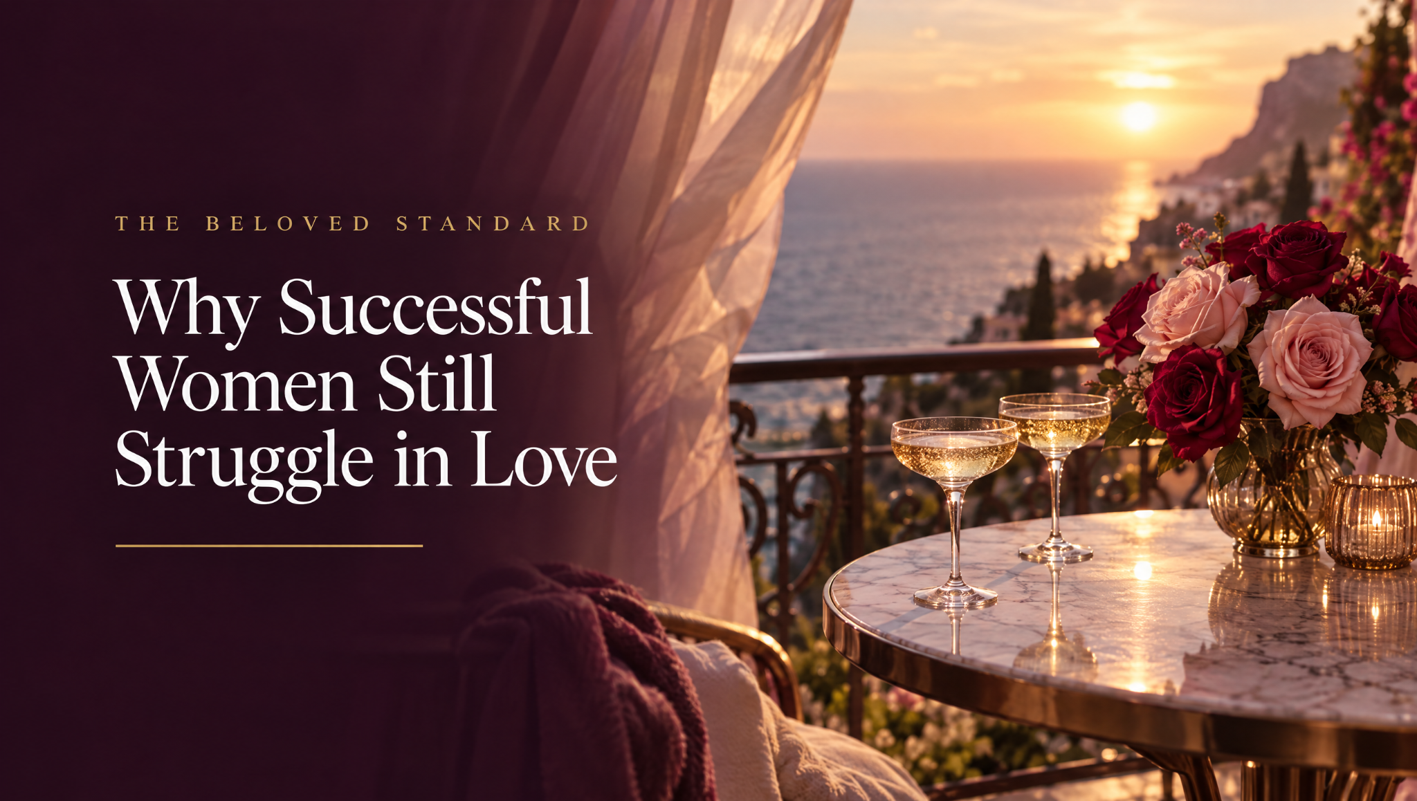 Elegant view of a sunset over the ocean with flowers and champagne glasses on a table