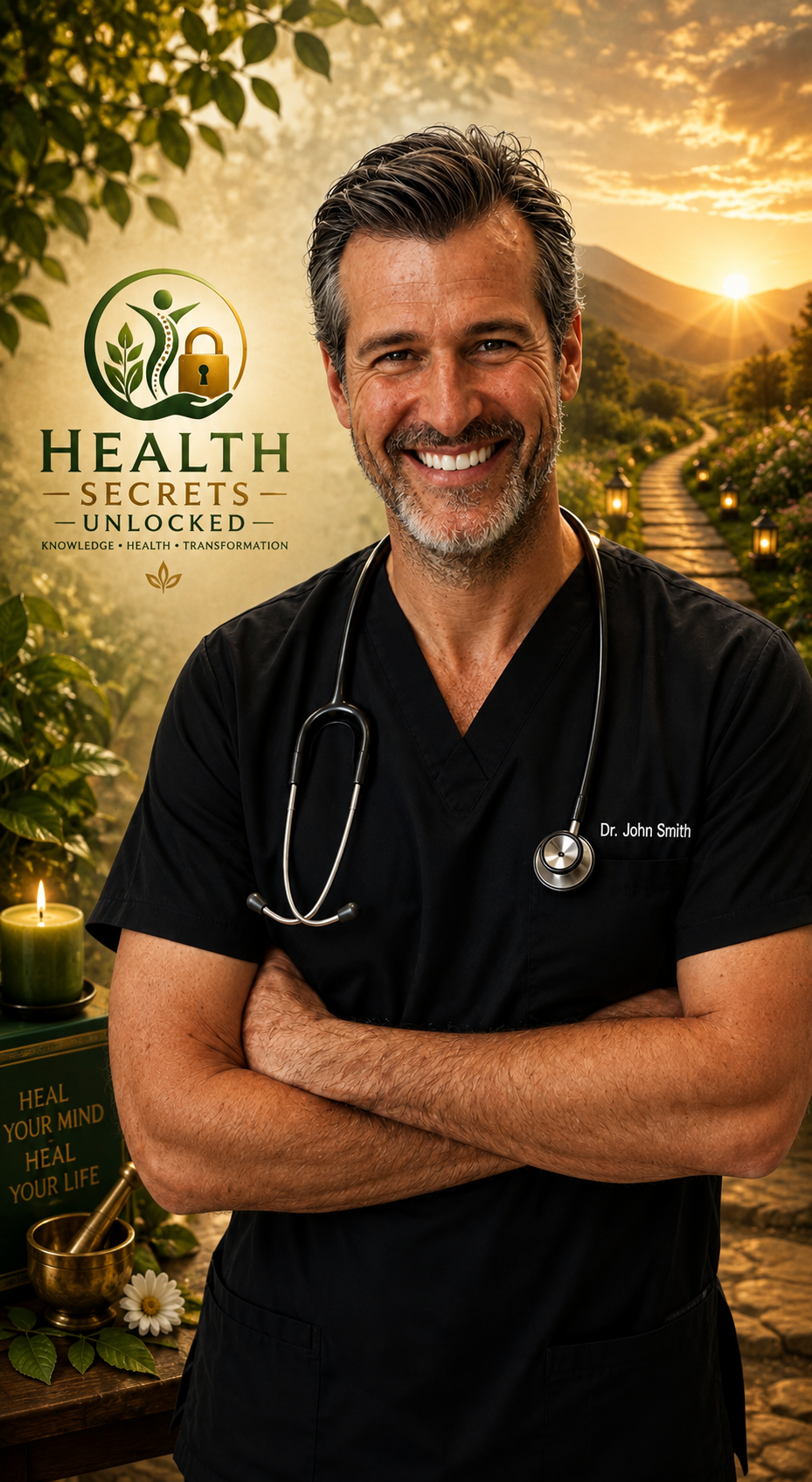 Smiling male doctor in black scrubs with a stethoscope, scenic background and wellness theme