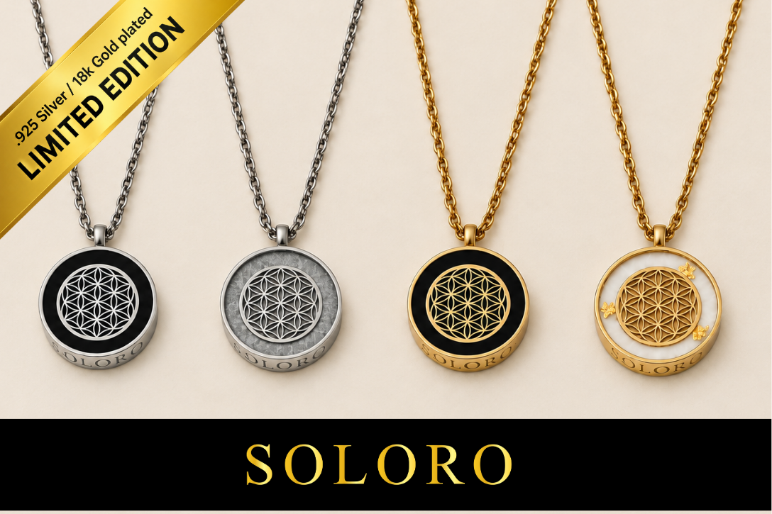 Four pendant necklaces in silver and gold featuring a floral geometric design