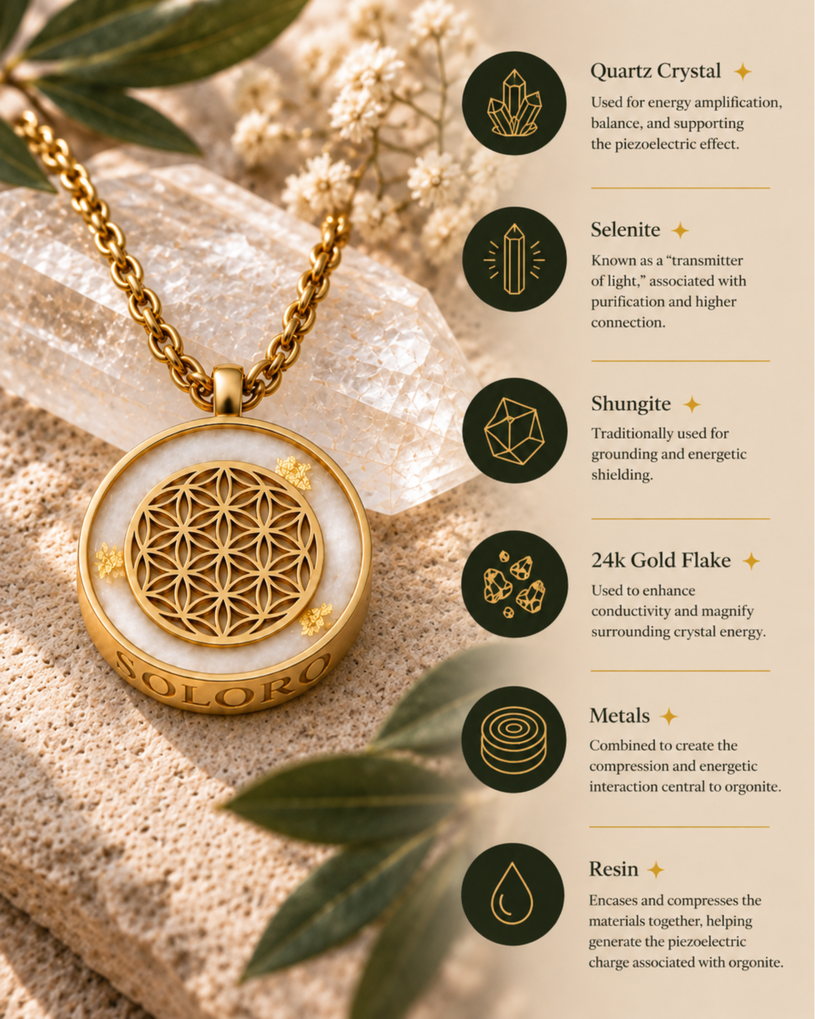 Necklace featuring various crystals and metals, detailing their energetic properties and benefits