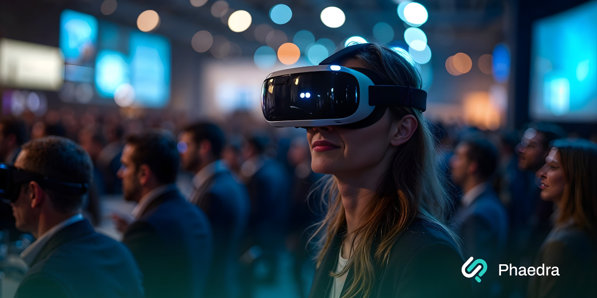 Woman wearing a virtual reality headset in a crowded, illuminated event setting