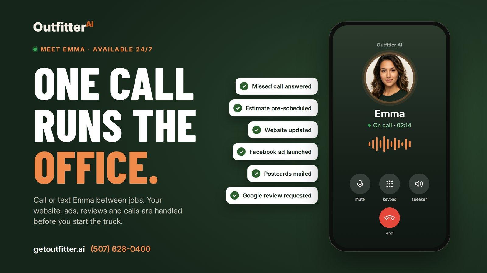 Promotional graphic for Outfitter AI showcasing virtual assistant services and contact information