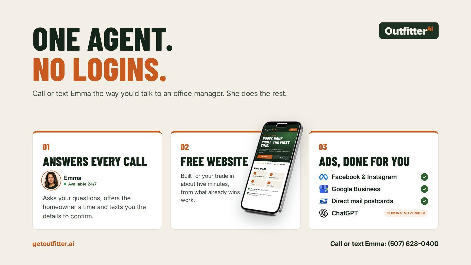 Promotional graphic for Outfitter.ai, featuring their virtual assistant Emma and service details.