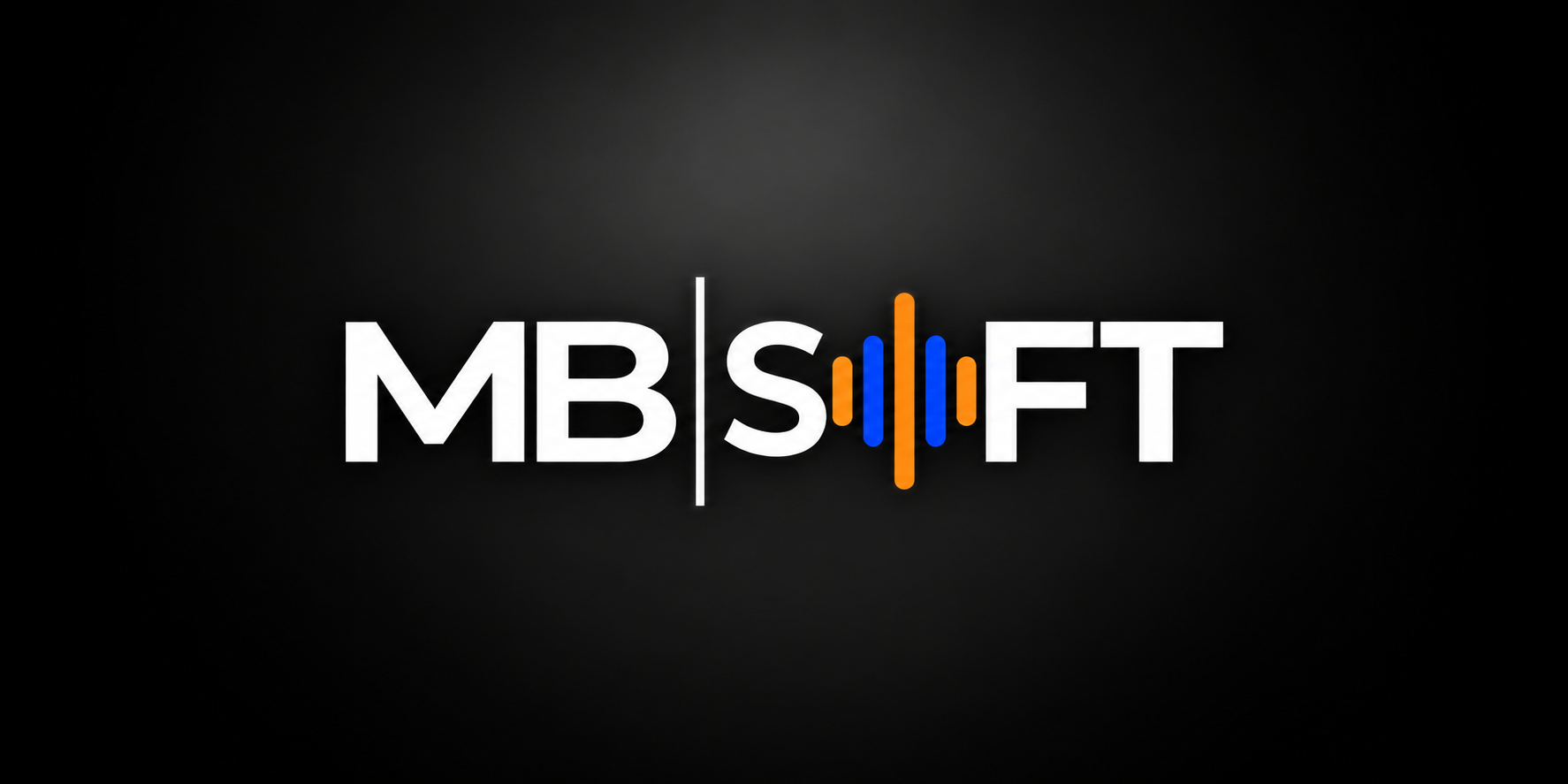 Logo featuring "MB" and "SOFT" with sound wave elements in orange and blue.