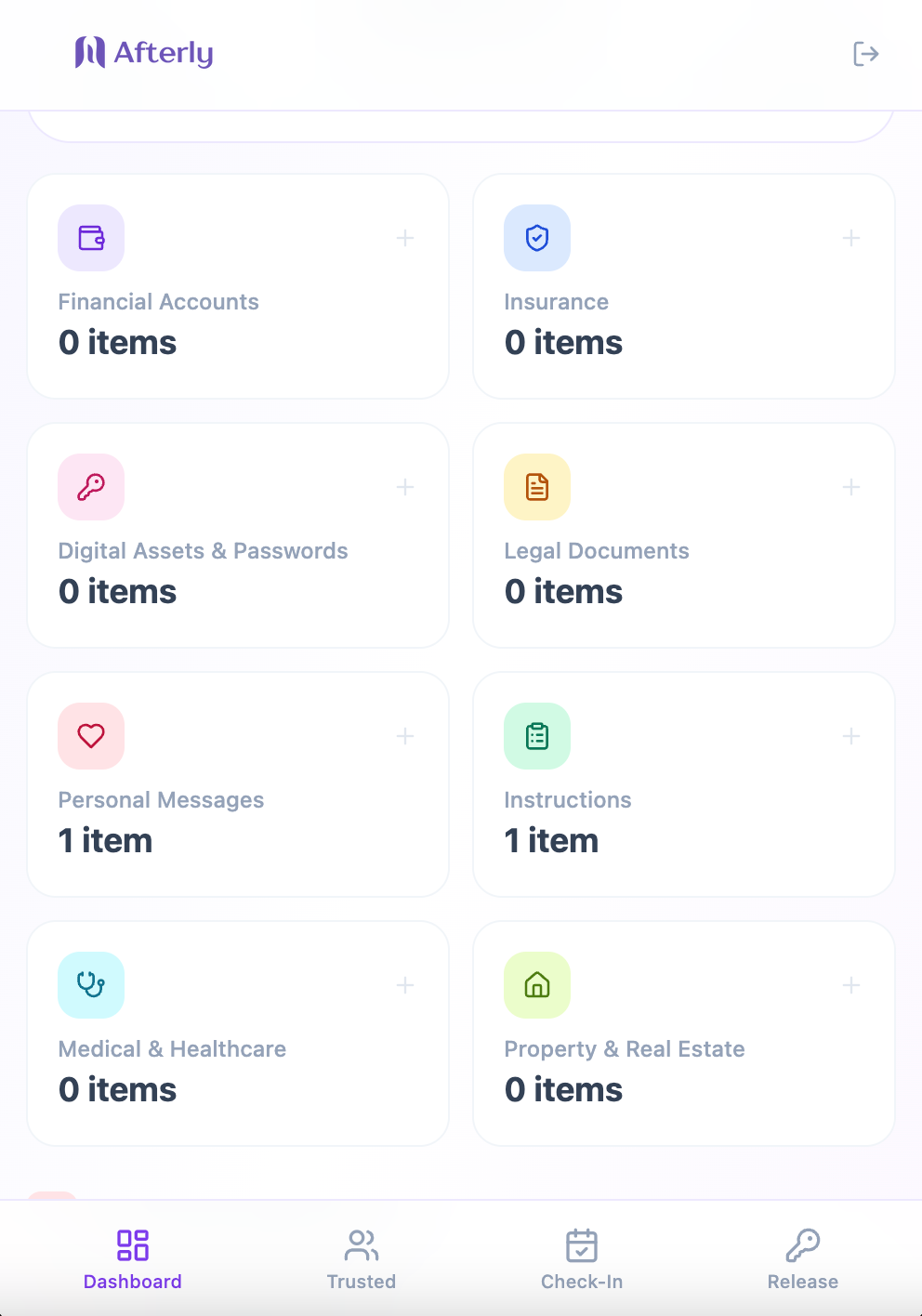 Dashboard layout of Afterly app showing different categories with item counts