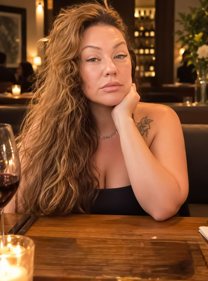 A woman with long curly hair sitting at a restaurant table, resting her chin on her hand.