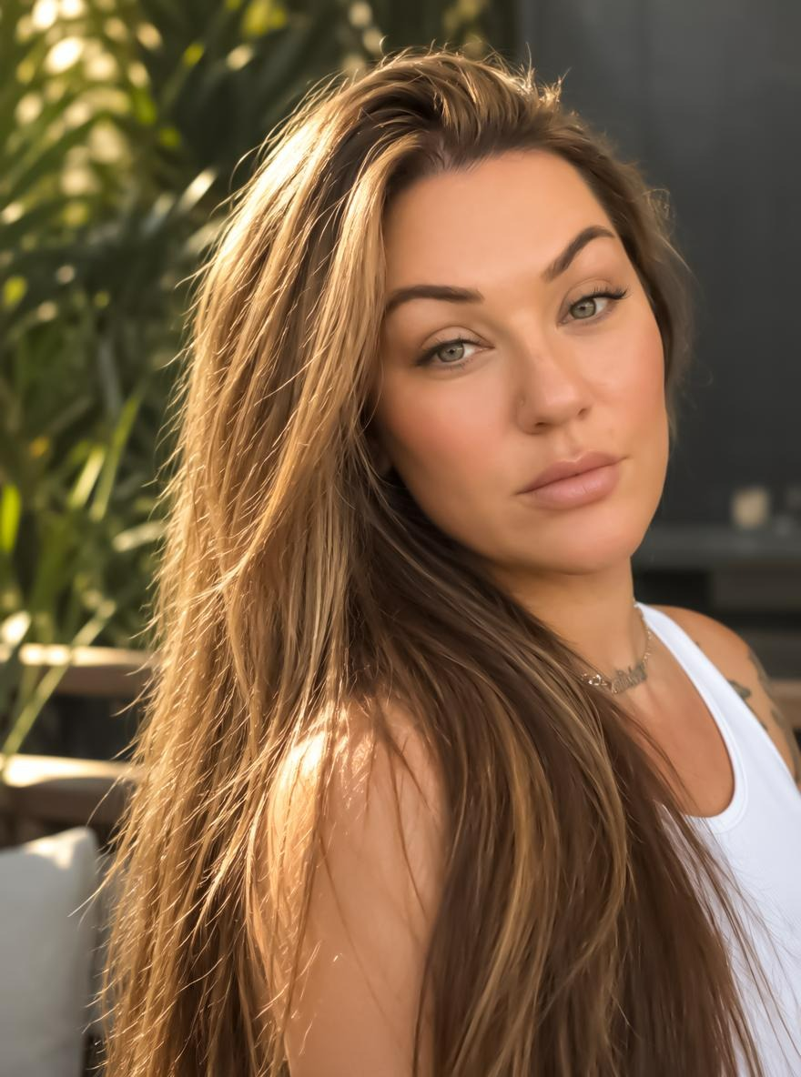 A woman with long brown hair poses against a green, leafy background.