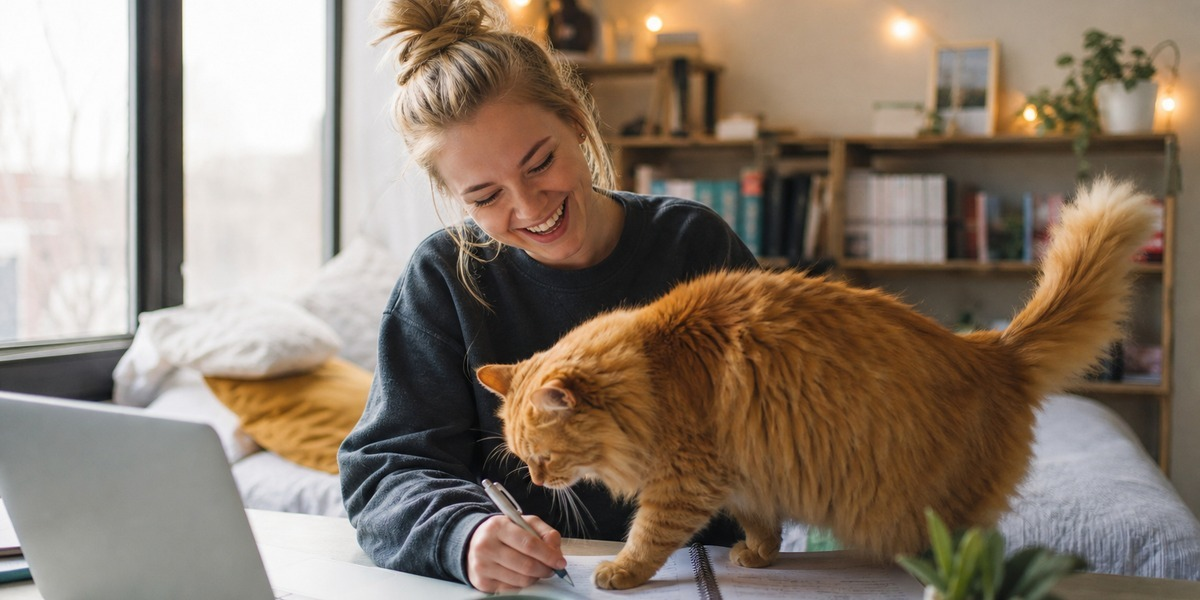 Smiling woman writing at desk with a playful orange cat nearby