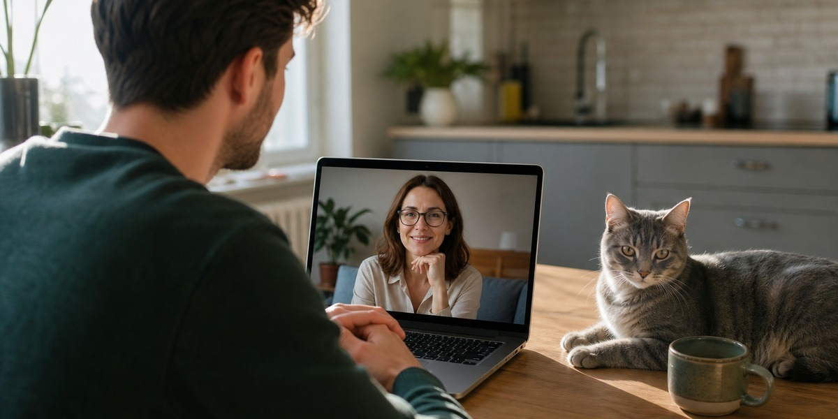 A person video chatting on a laptop with a smiling woman and a cat nearby
