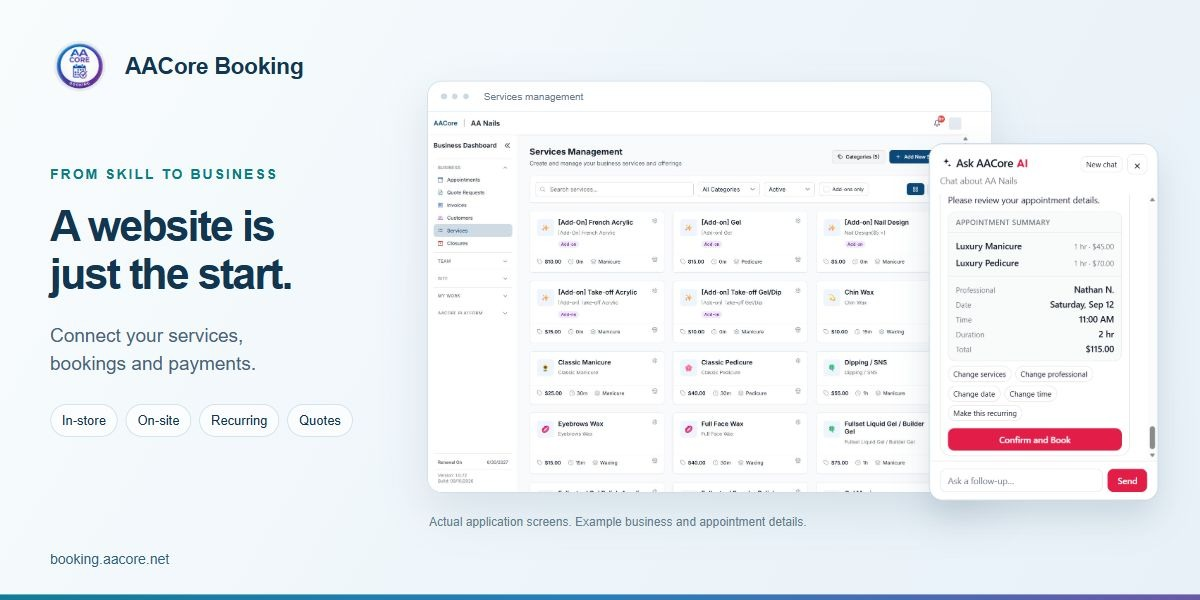 Screenshot of AACore Booking website showcasing services management and booking interface