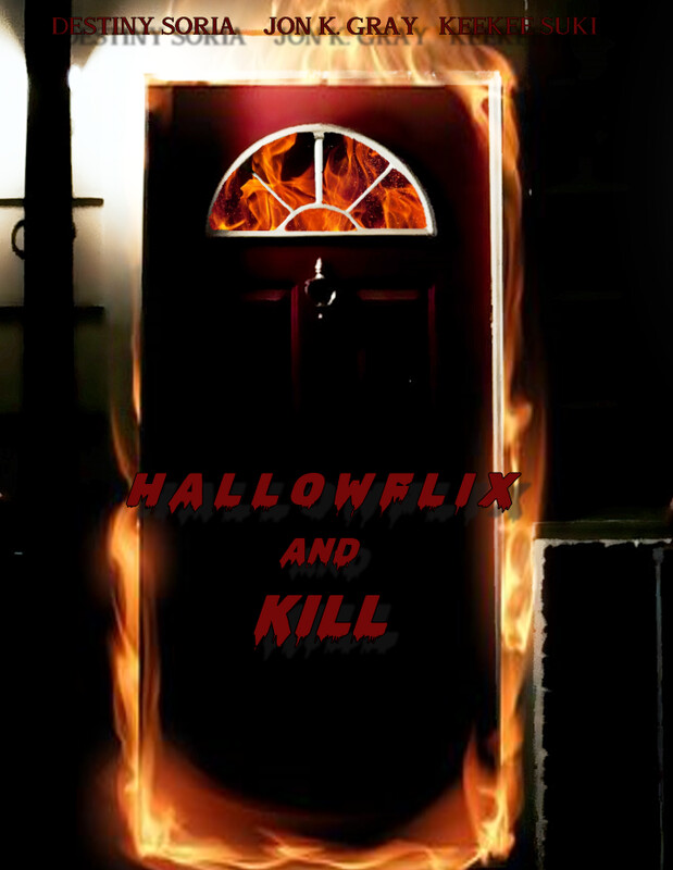 A fiery door with the title "Hallowflix and Kill" and cast names displayed