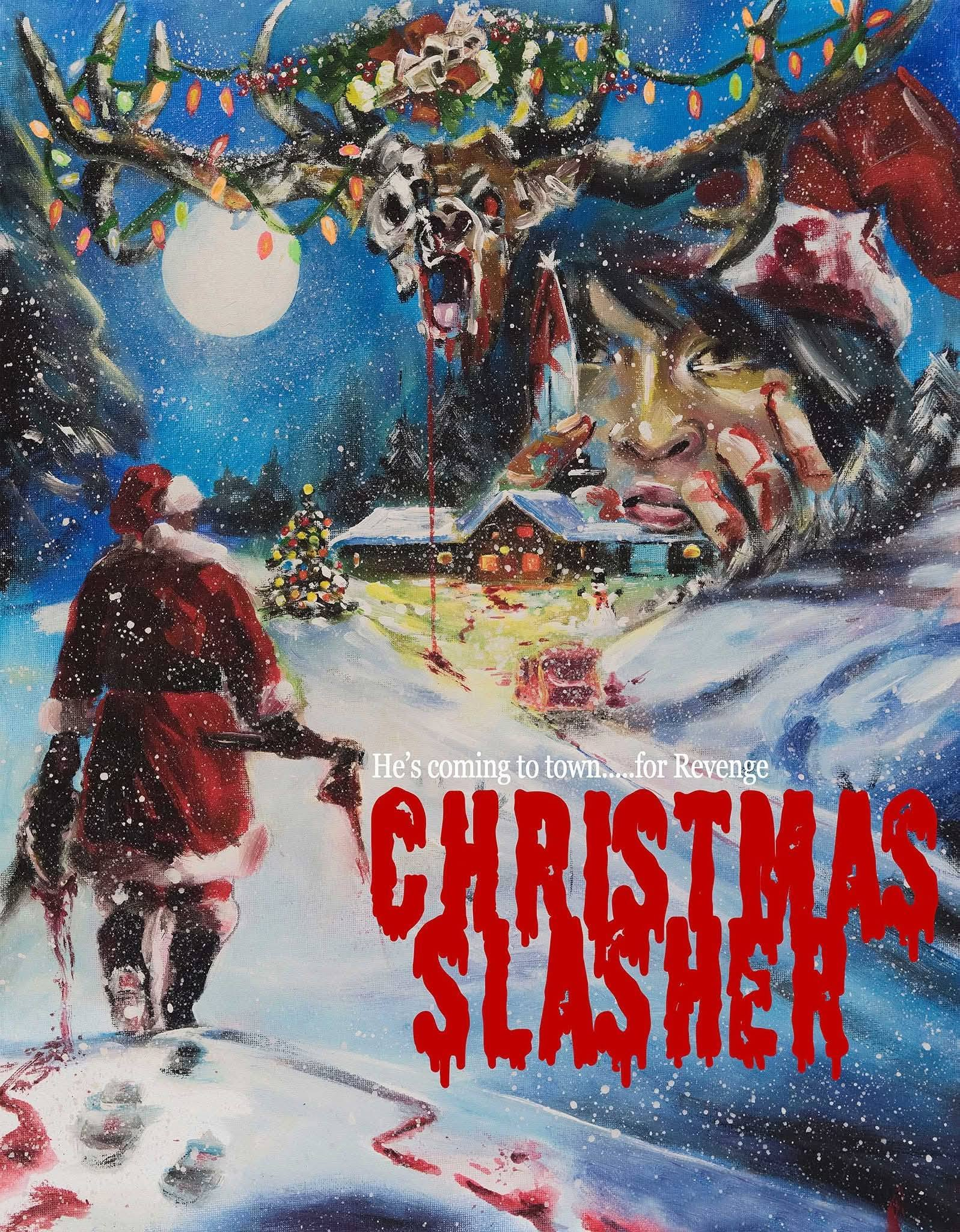 Painting of a Santa figure holding a weapon in a snowy, festive landscape