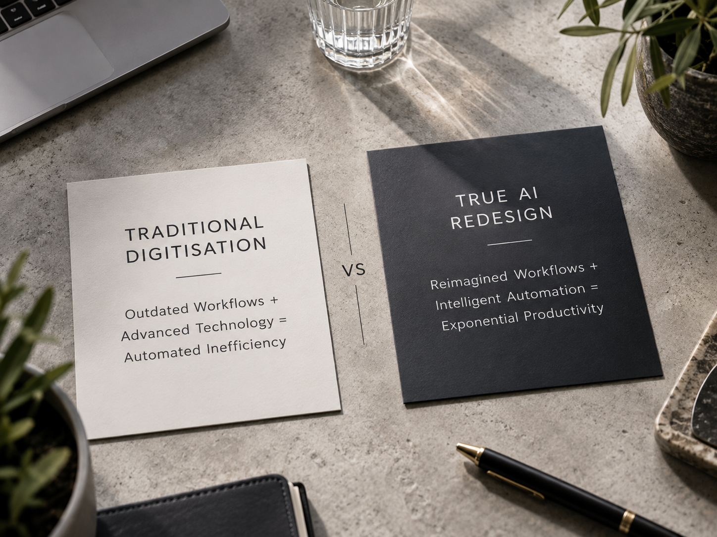 Comparison of traditional digitization and true AI redesign on two cards on a table