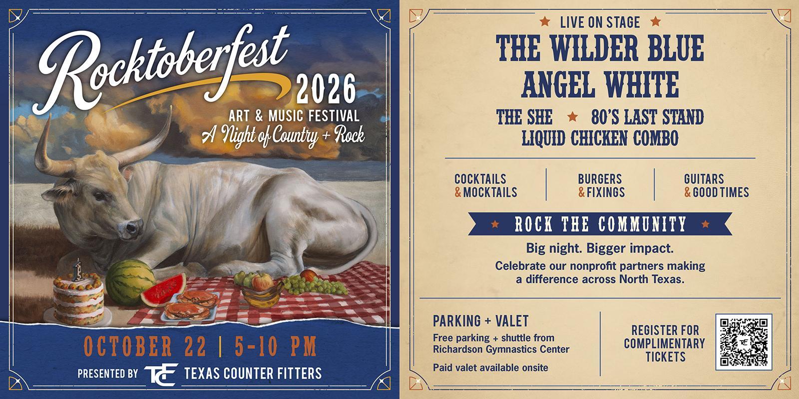 Event poster for Rocktoberfest 2026 featuring a cow, concert details, and activities.