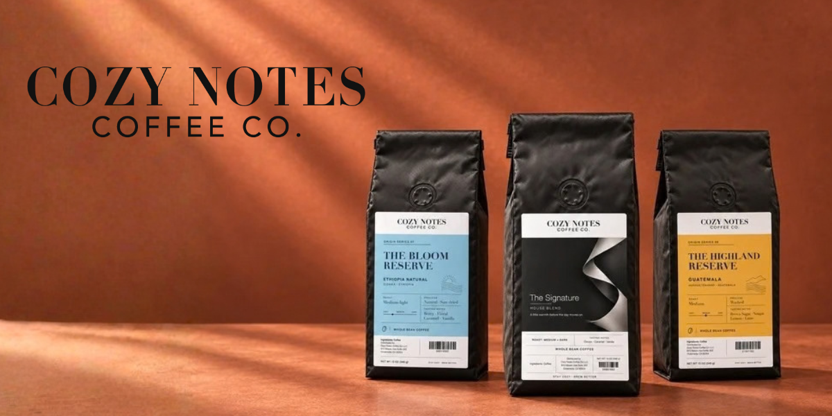 Three coffee bags displayed on a surface with a warm background and logo