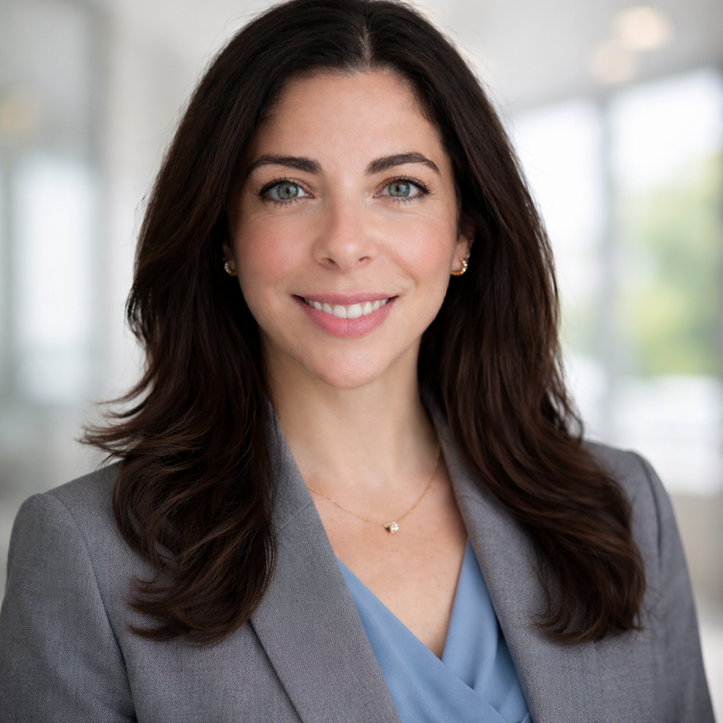 A smiling woman in a business suit with long brown hair and green eyes