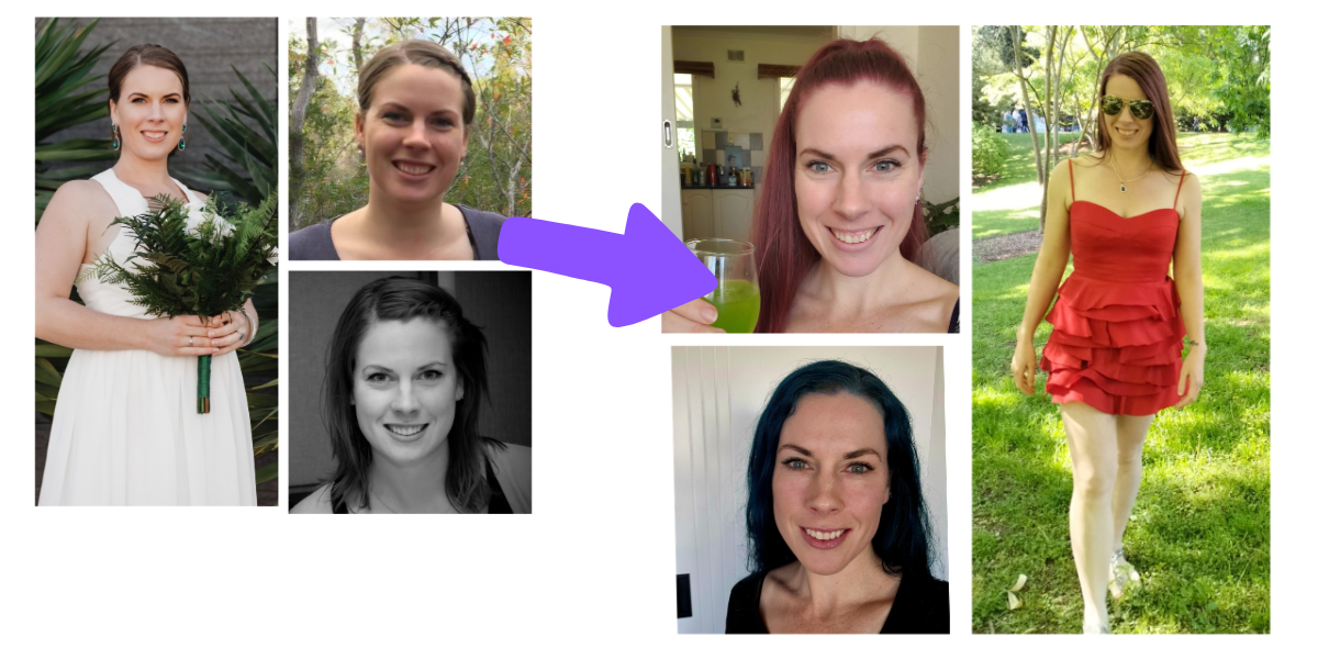Collage showing a woman in various outfits and hairstyles over time