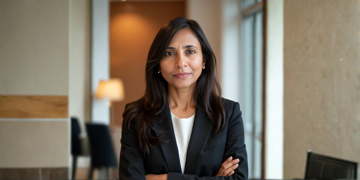A confident professional woman in a black blazer stands with arms crossed indoors.