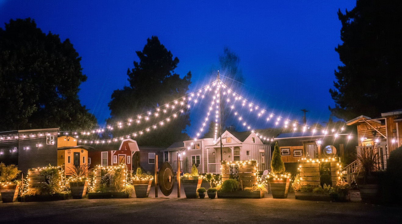 Charming outdoor space with brightly lit tiny houses and decorative string lights at dusk