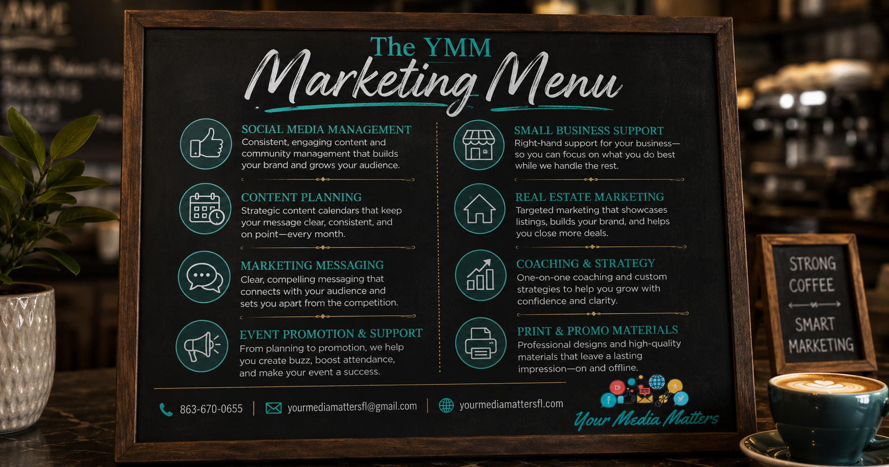 A chalkboard menu displaying various marketing services offered by Your Media Matters.