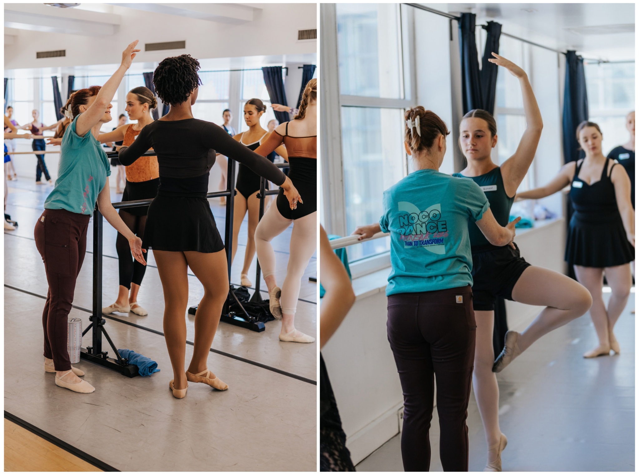 Two ballet instructors assist students with technique in a dance studio setting