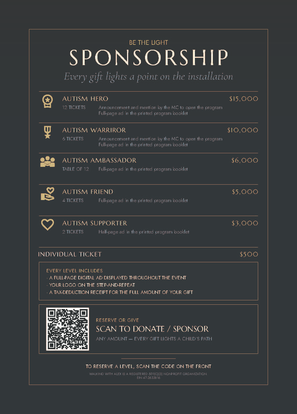 Sponsorship levels for an autism support event with ticket options and donation details