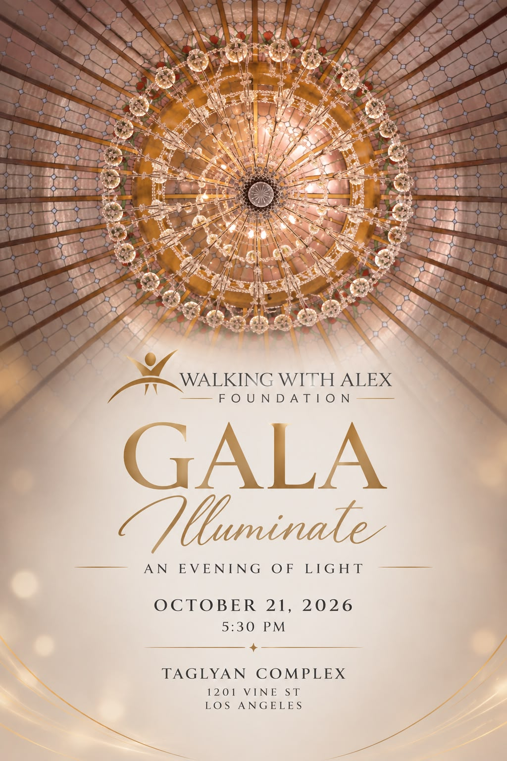 Elegant gala invitation featuring a chandelier with the event details and date.