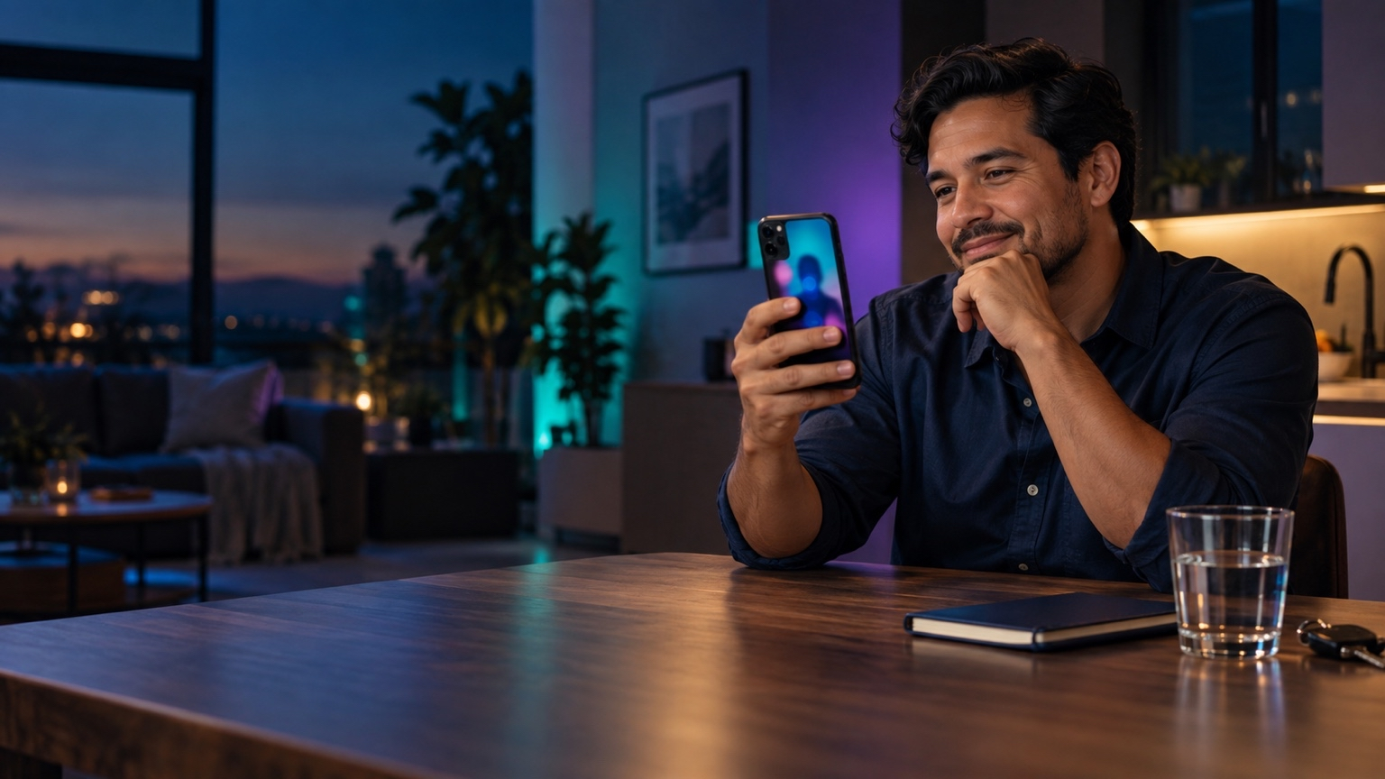 Man smiling at his phone while sitting at a wooden table in a cozy room
