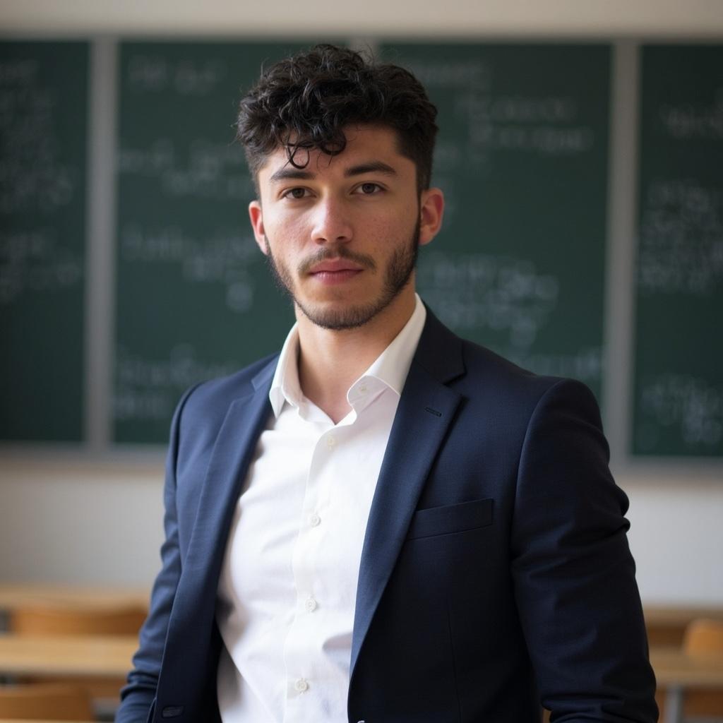 A young man in a suit stands confidently in front of a classroom chalkboard