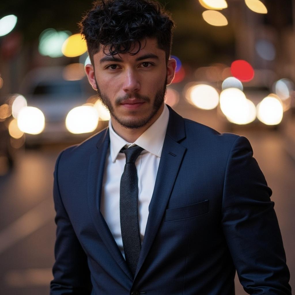 Man in a suit poses confidently on a city street at night