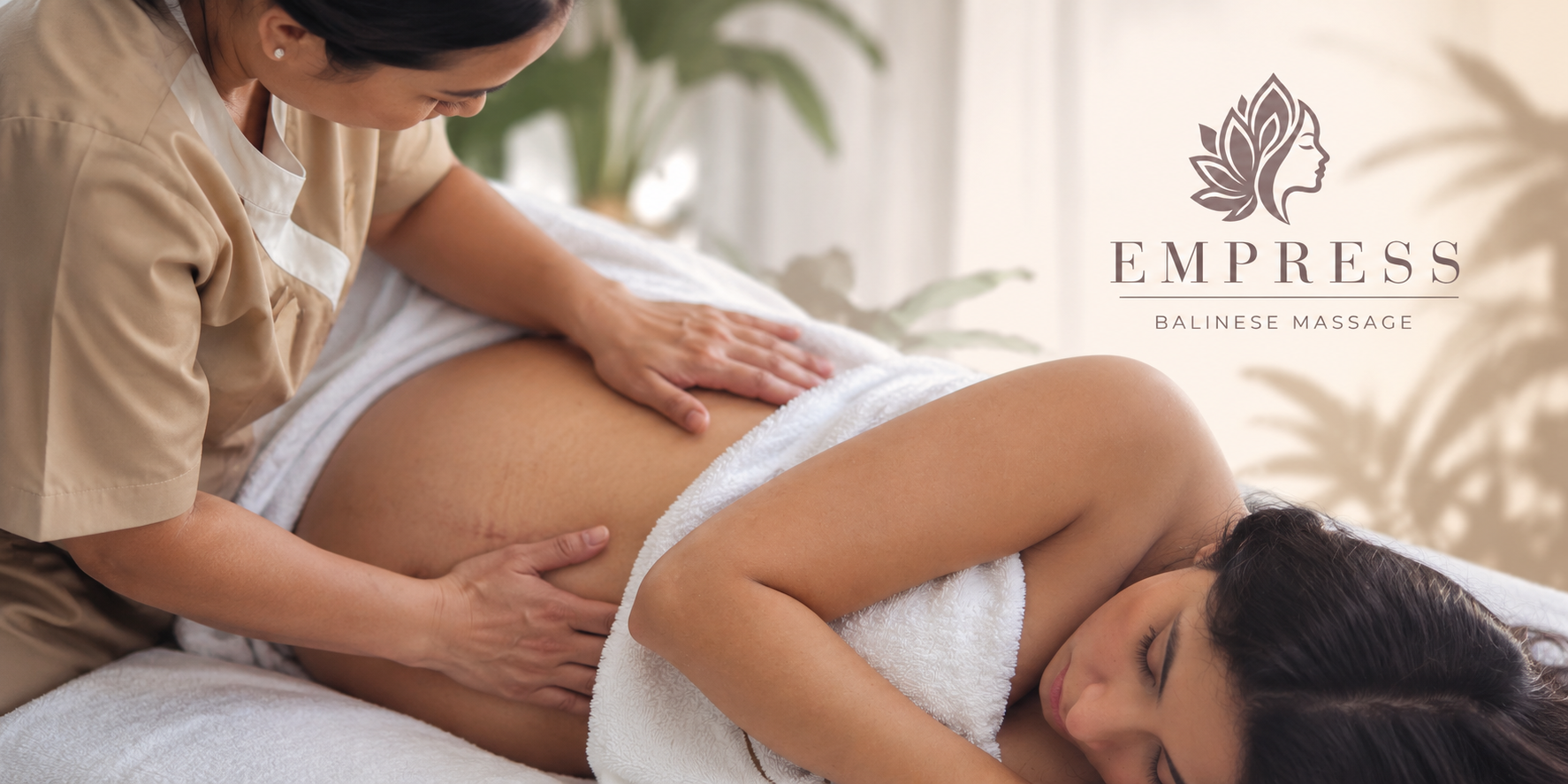 Pregnant woman receiving a Balinese massage from a therapist in a serene setting