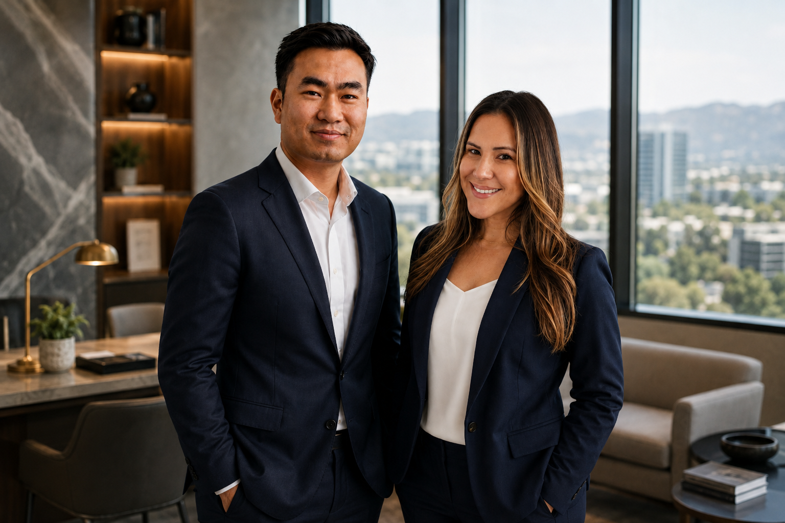 Two professionals wearing business suits pose together in a modern office setting