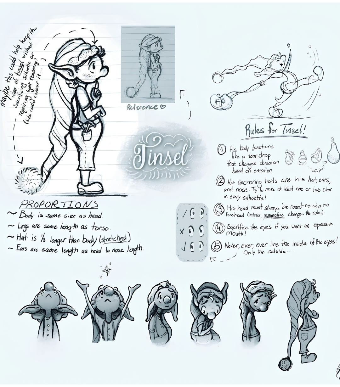 Sketches and notes for a character named Tinsel, outlining proportions and expression rules