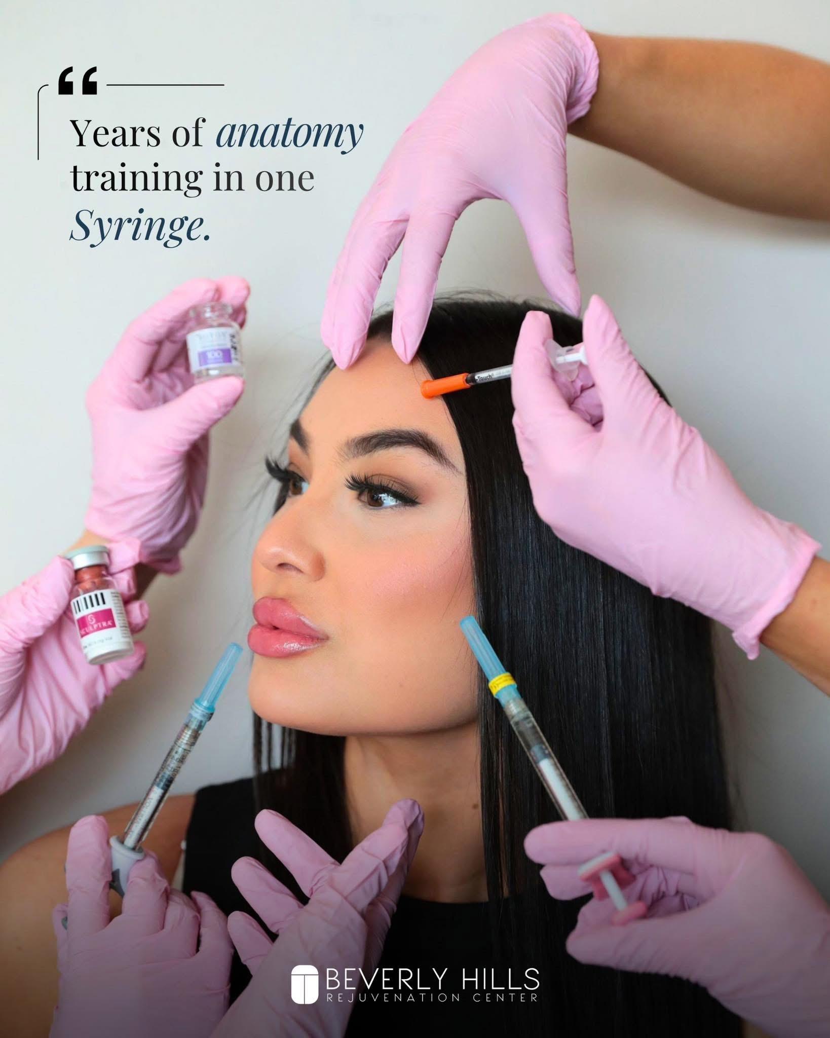 A woman is receiving cosmetic injections from multiple professionals wearing pink gloves