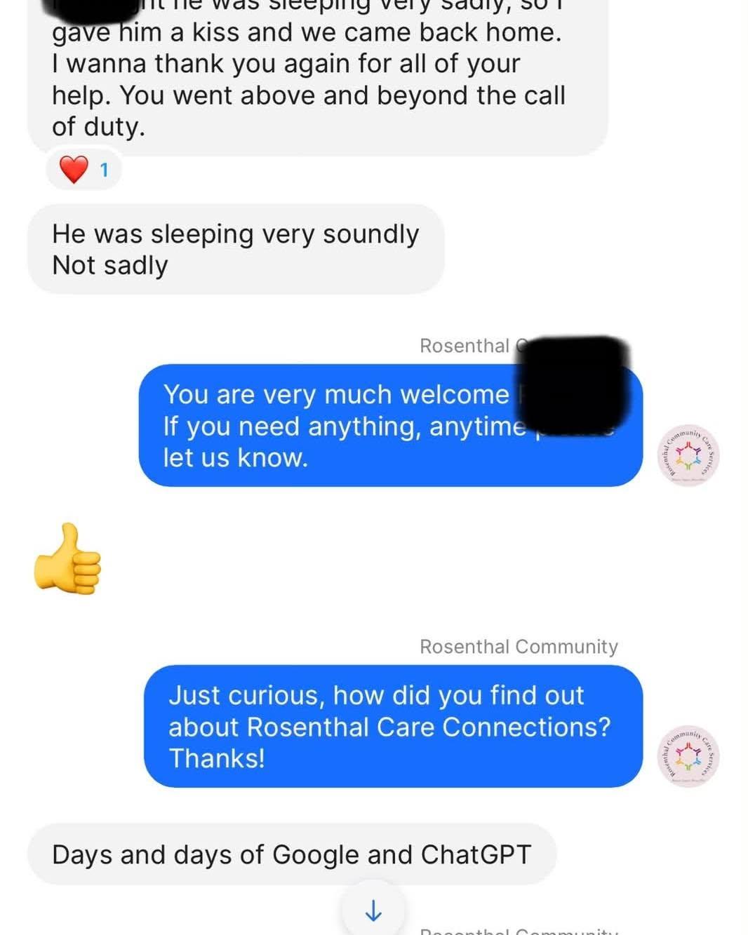 Screenshot of a chat discussing gratitude and a service inquiry with a thumbs-up emoji