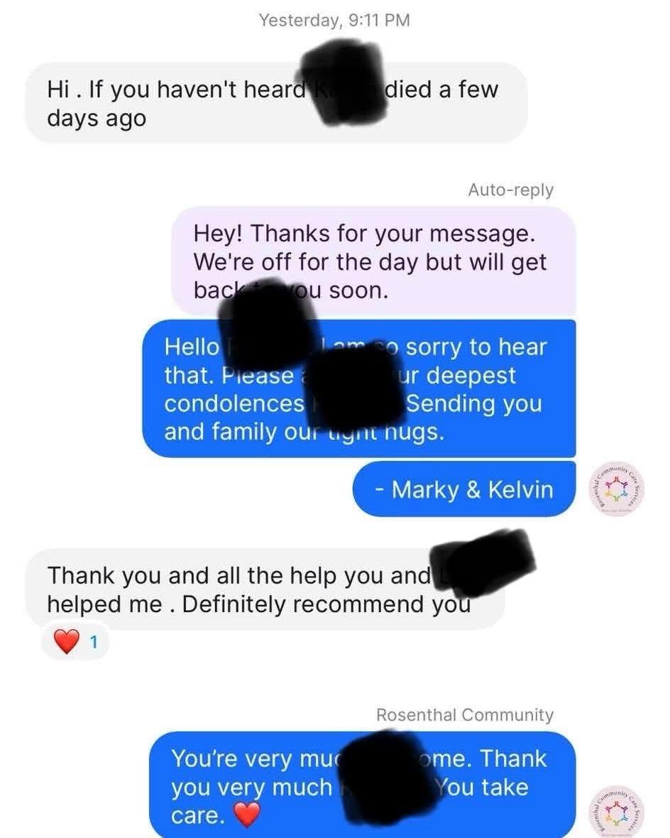 Screenshot of a message conversation expressing condolences and support following a death.
