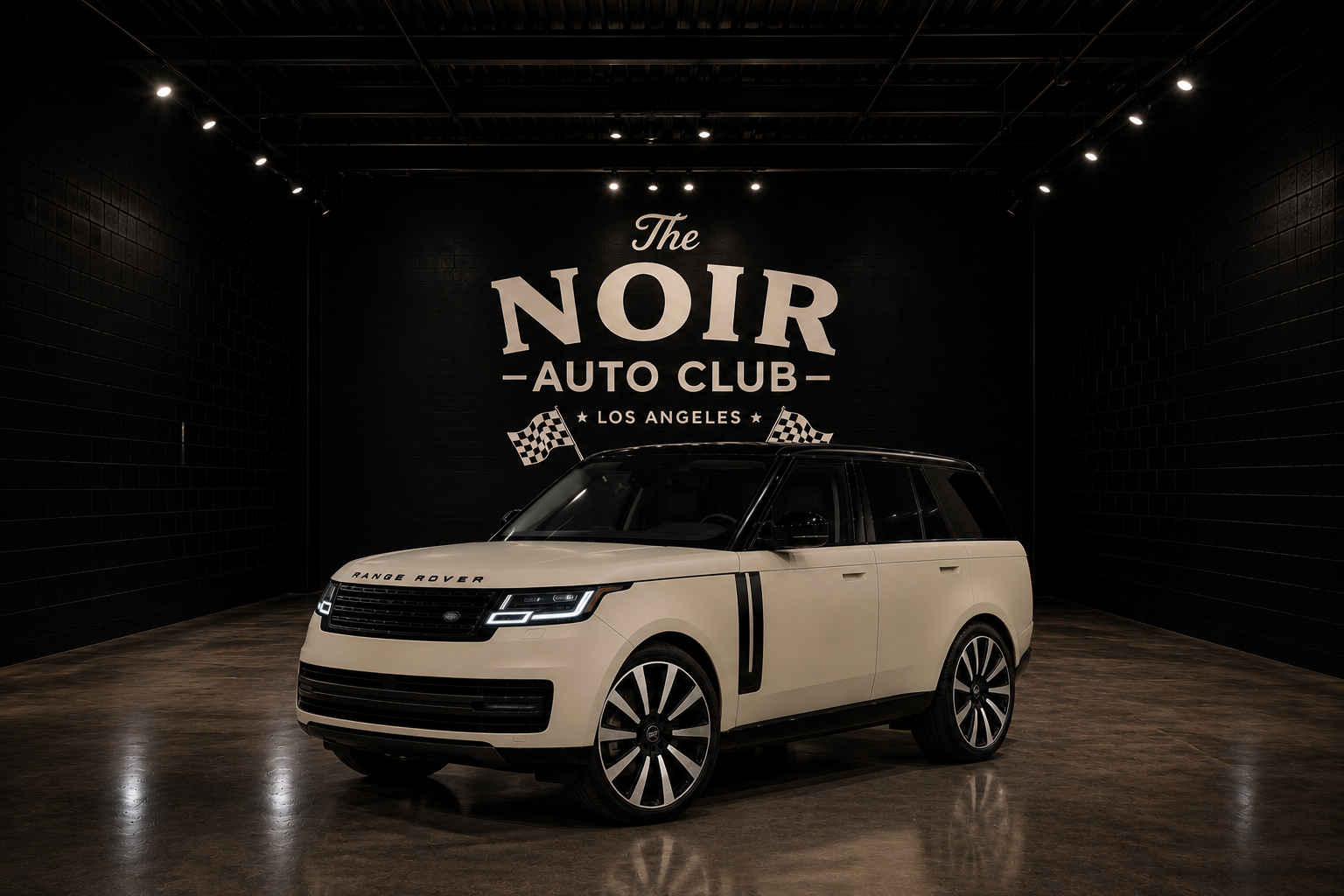 A white luxury SUV is showcased in a stylish auto club interior with black walls