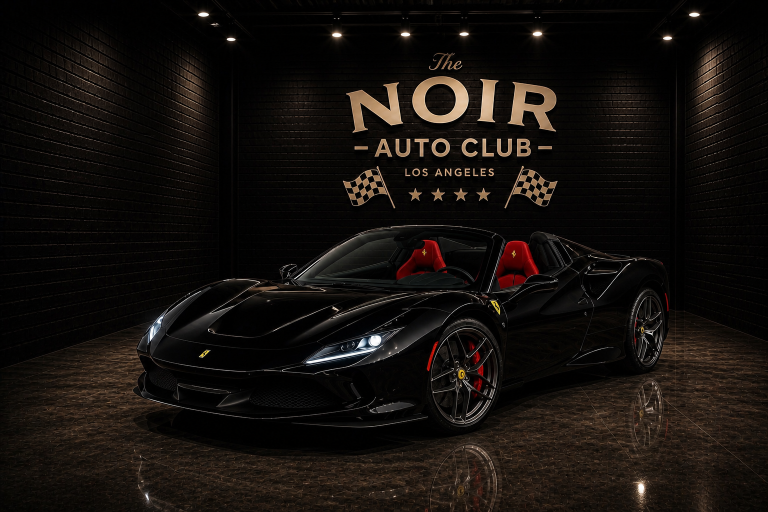 A sleek black Ferrari with red accents parked in a stylish auto club setting