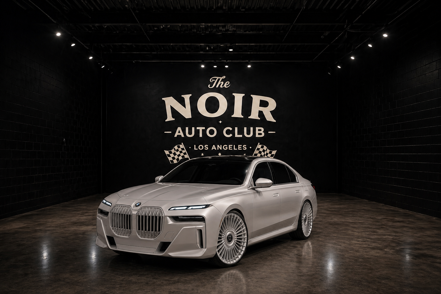 Sleek white car displayed in a chic black wall setting with "Noir Auto Club" sign